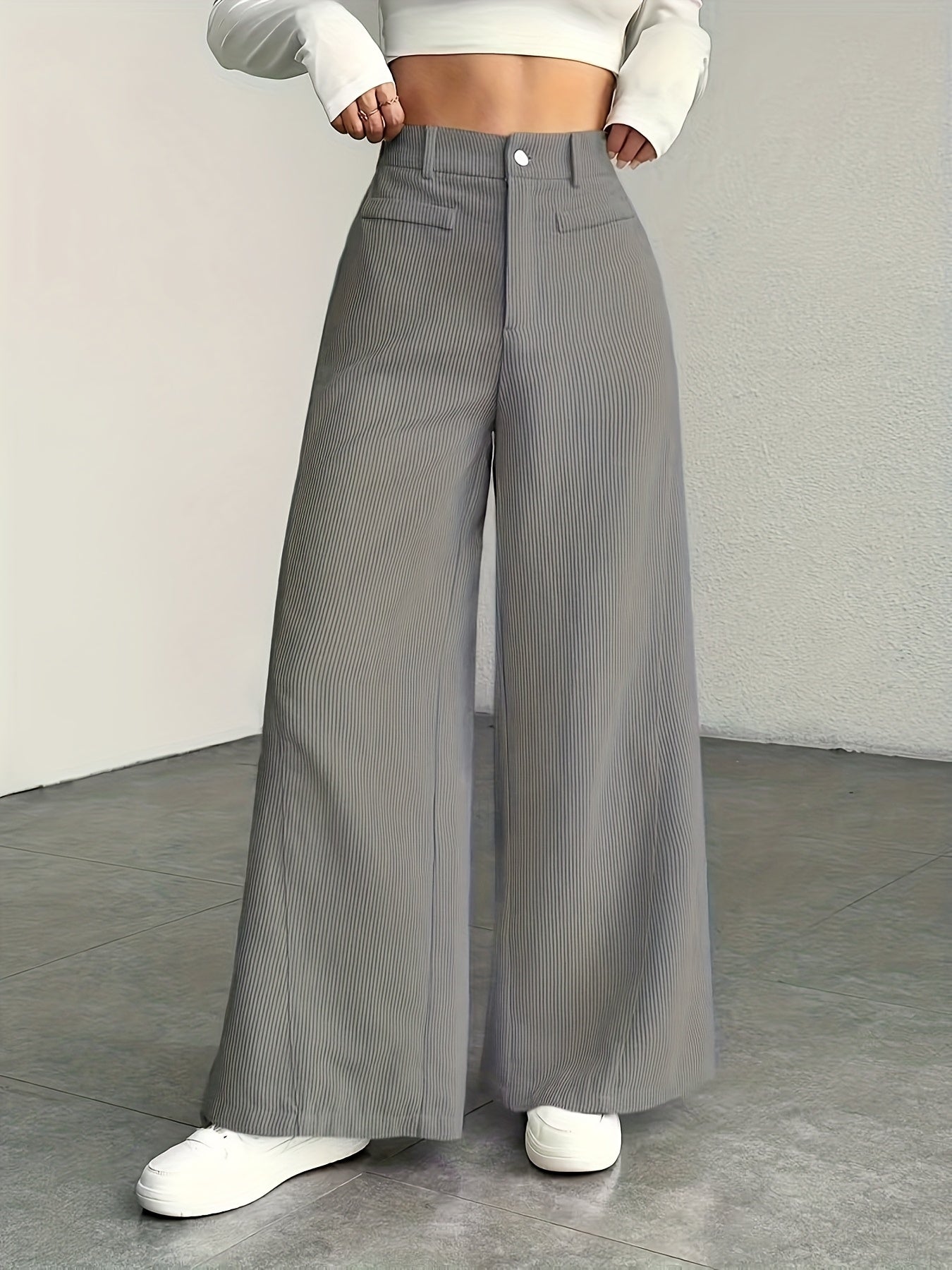Beige Corduroy Wide-Leg Pants