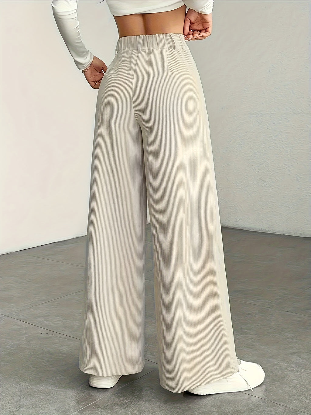 Beige Corduroy Wide-Leg Pants