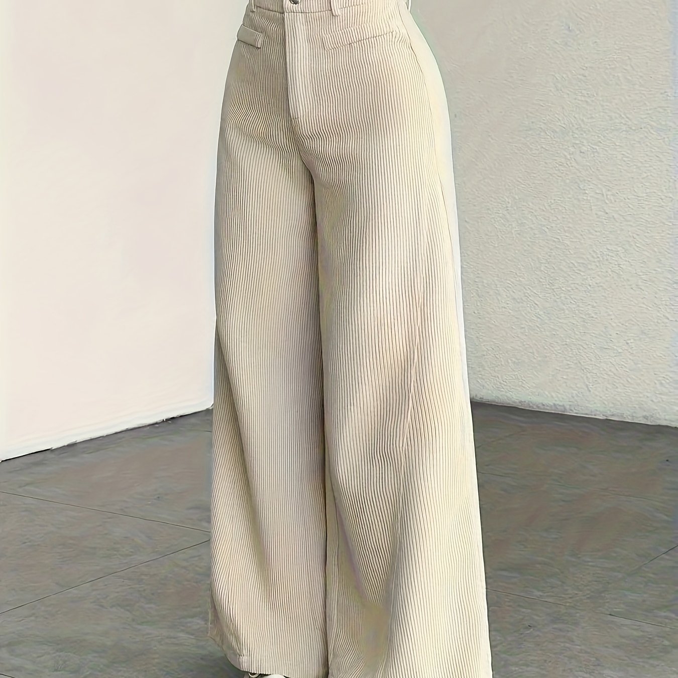 Beige Corduroy Wide-Leg Pants