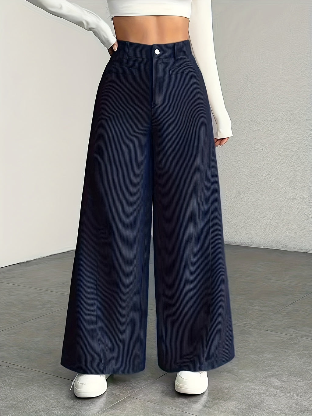 Beige Corduroy Wide-Leg Pants