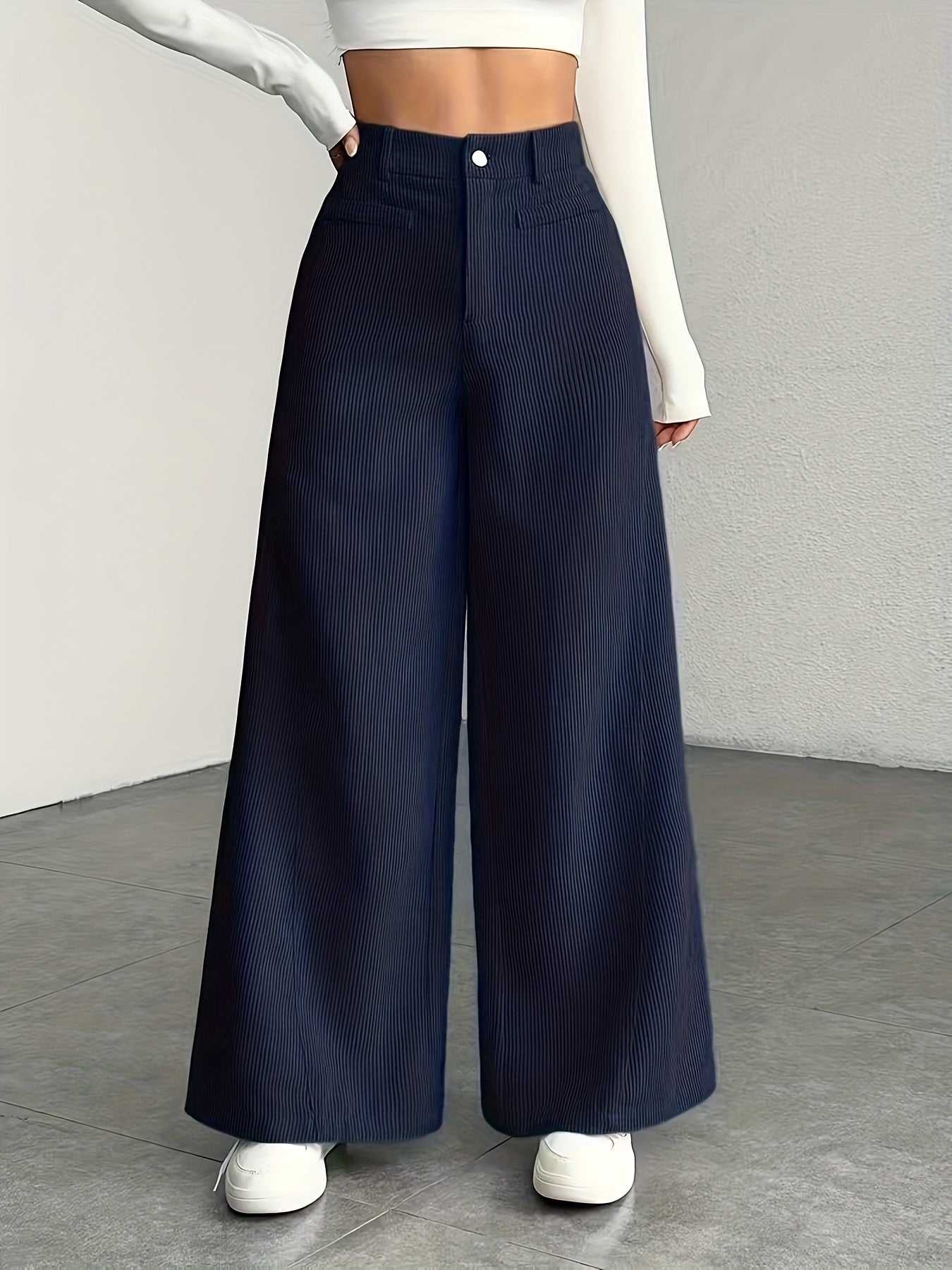 Beige Corduroy Wide-Leg Pants