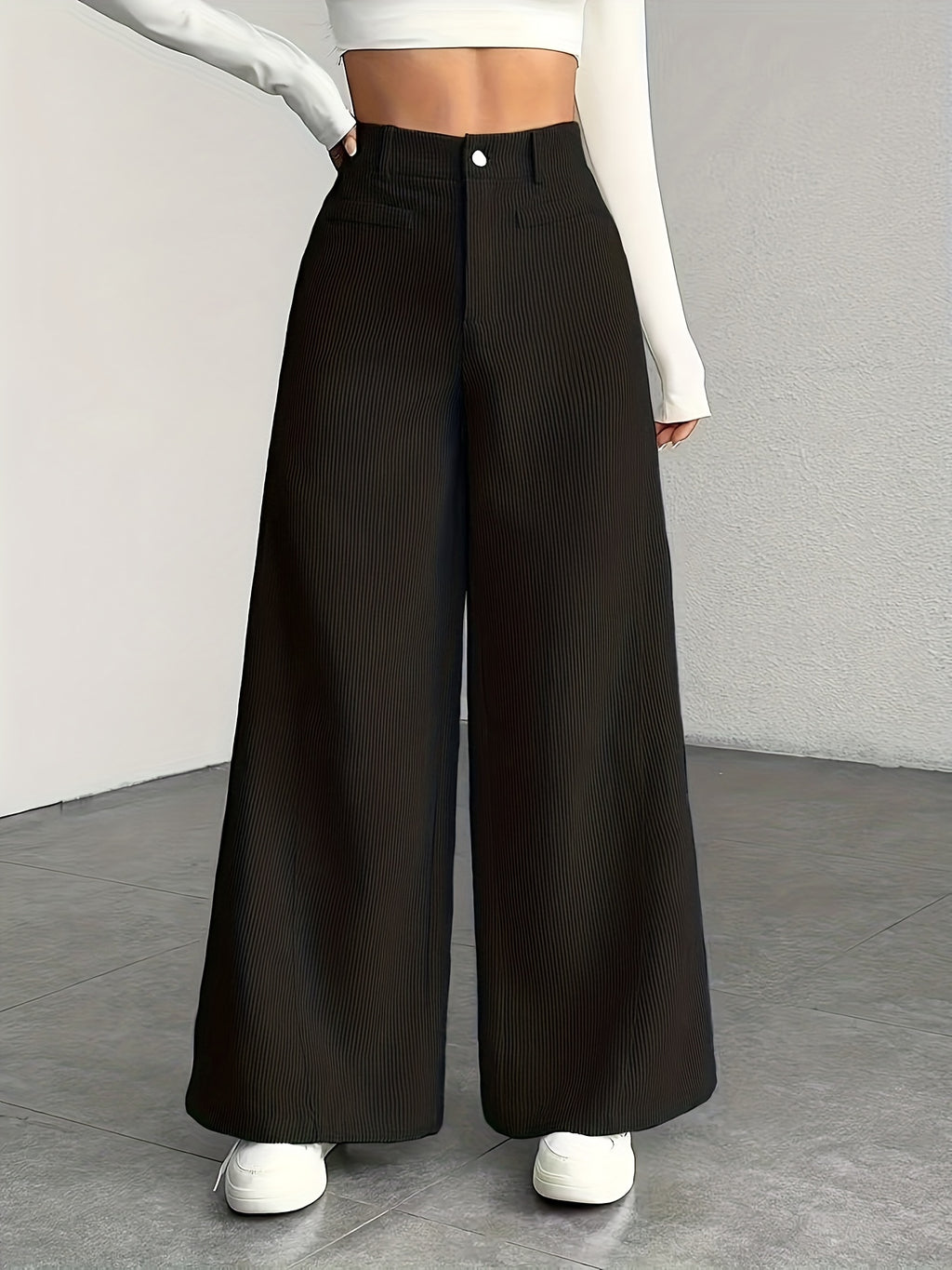 Beige Corduroy Wide-Leg Pants