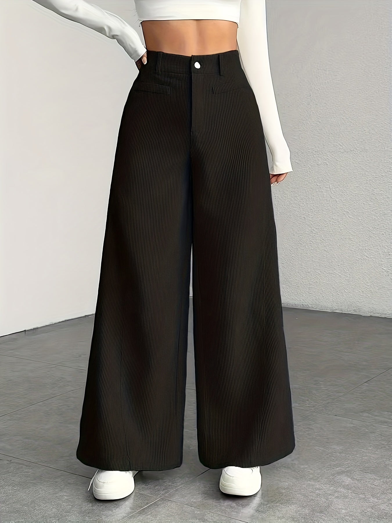 Beige Corduroy Wide-Leg Pants