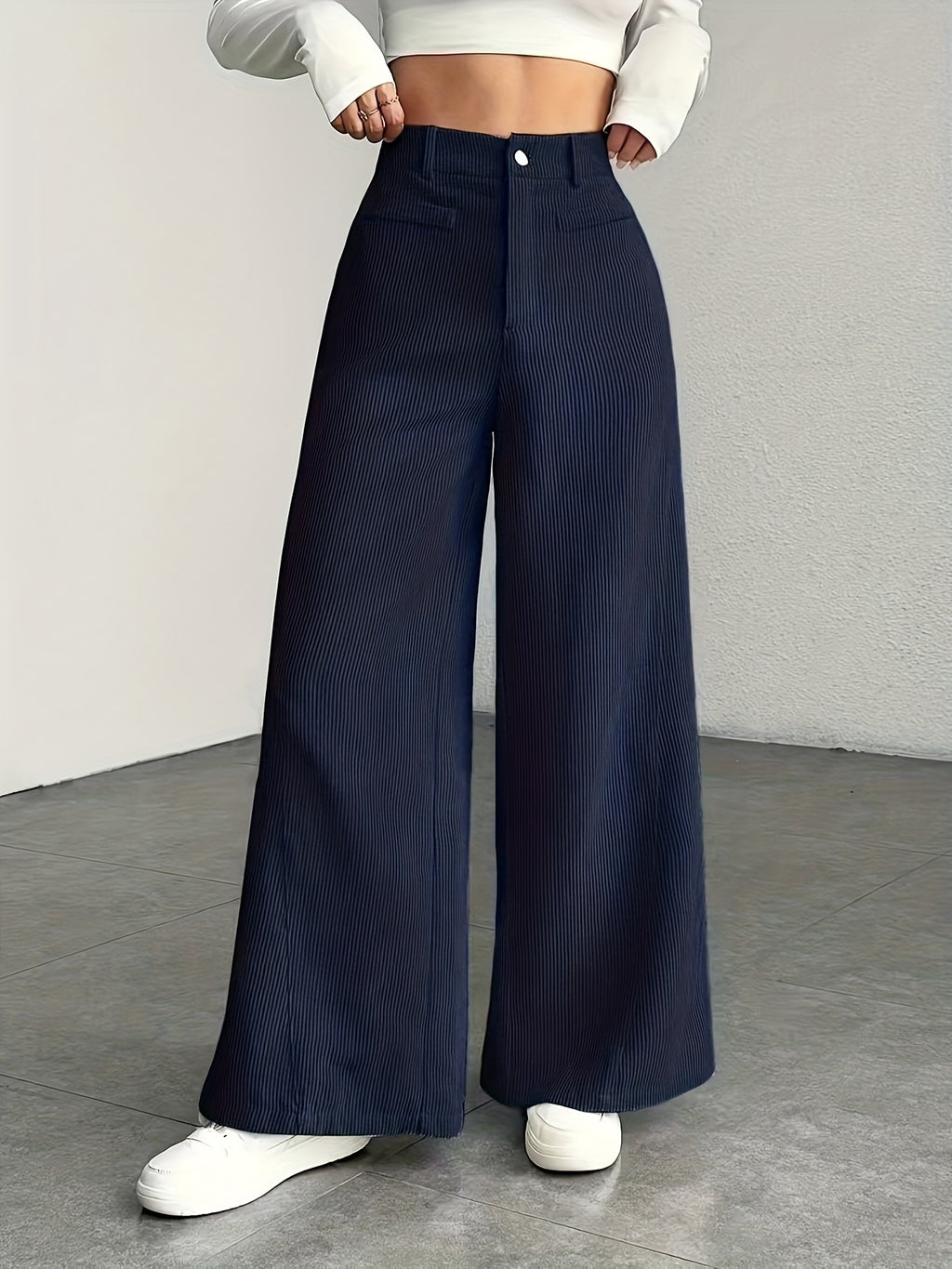 Beige Corduroy Wide-Leg Pants