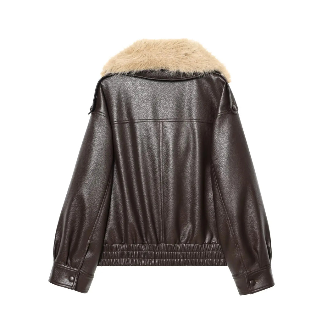Faux Leather Fur Collar Jacket