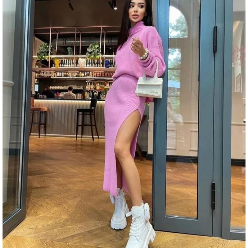 Turtleneck Knit Skirt Set