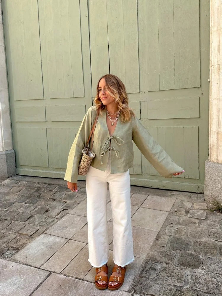 Lace-Up V-Neck Blouse