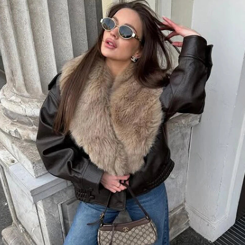 Faux Leather Fur Collar Jacket