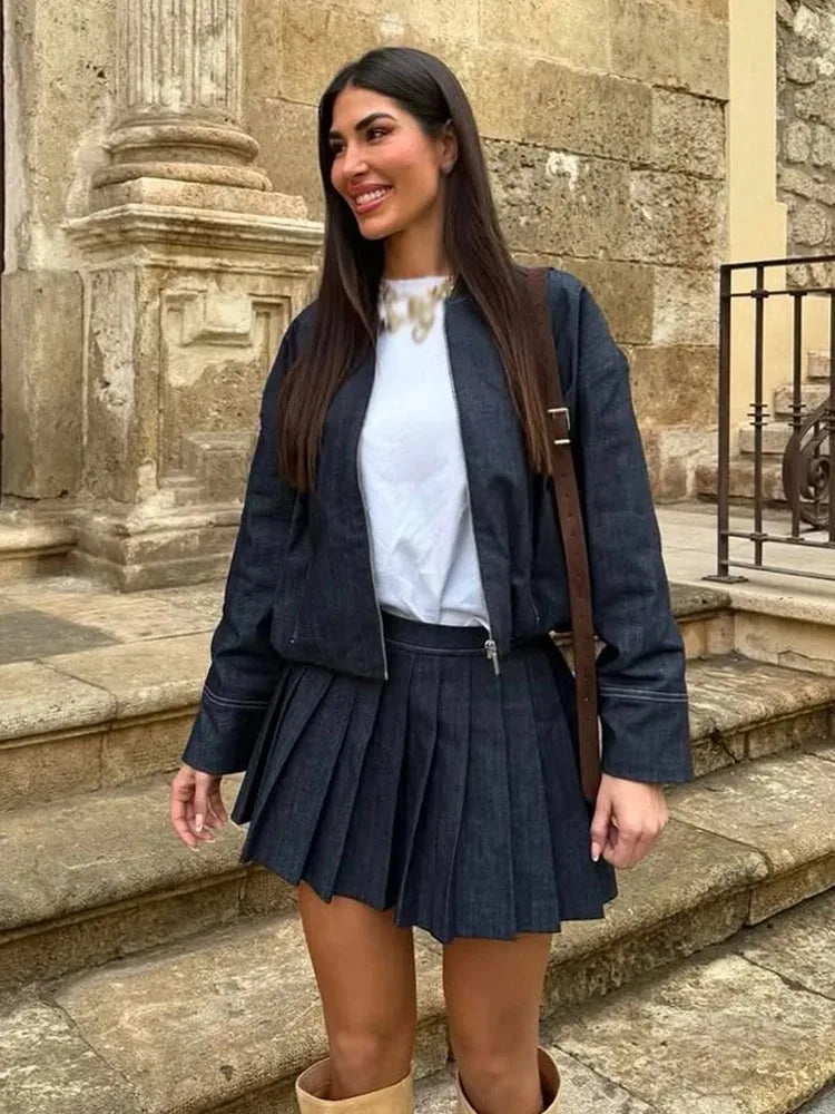 Denim Bomber Skirt Set