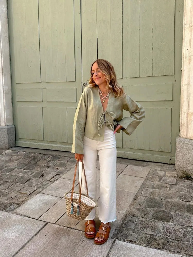 Lace-Up V-Neck Blouse