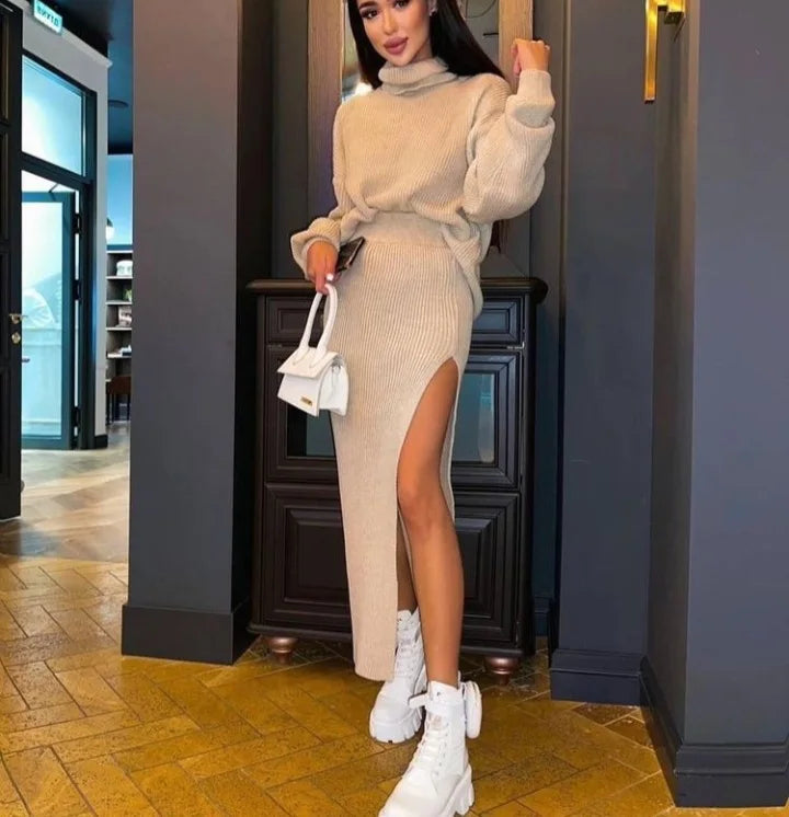 Turtleneck Knit Skirt Set
