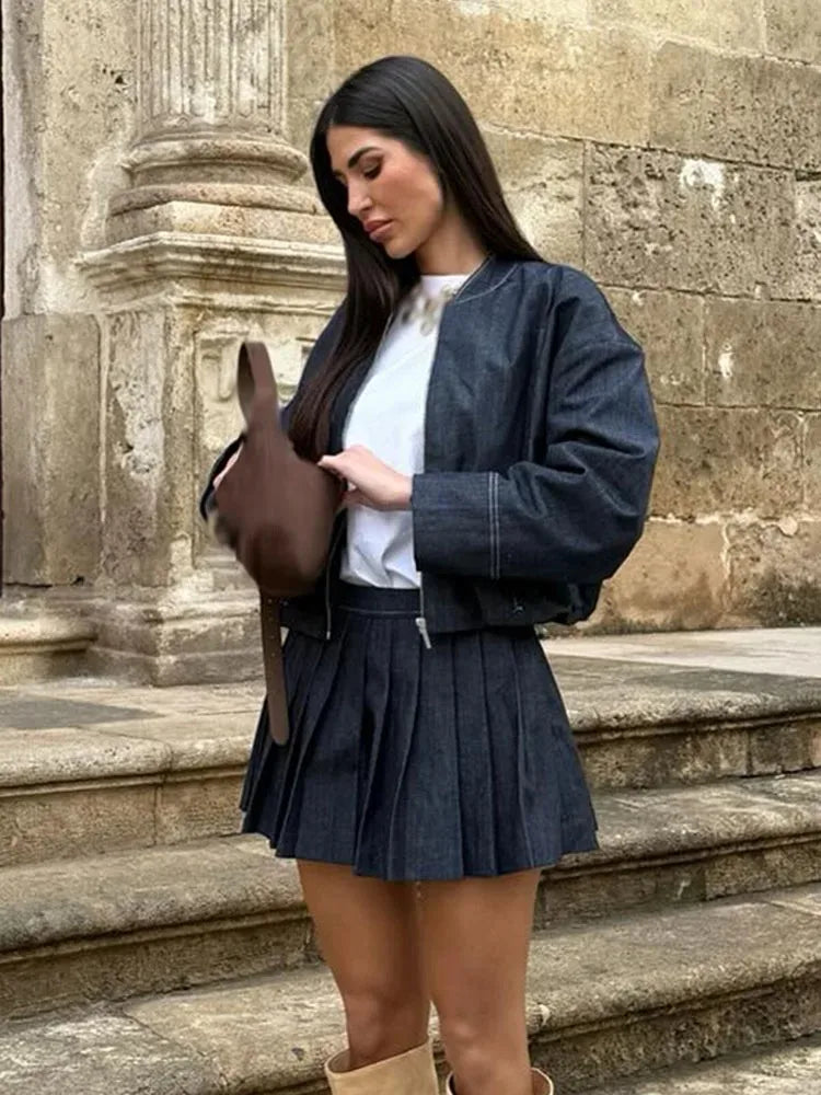Denim Bomber Skirt Set