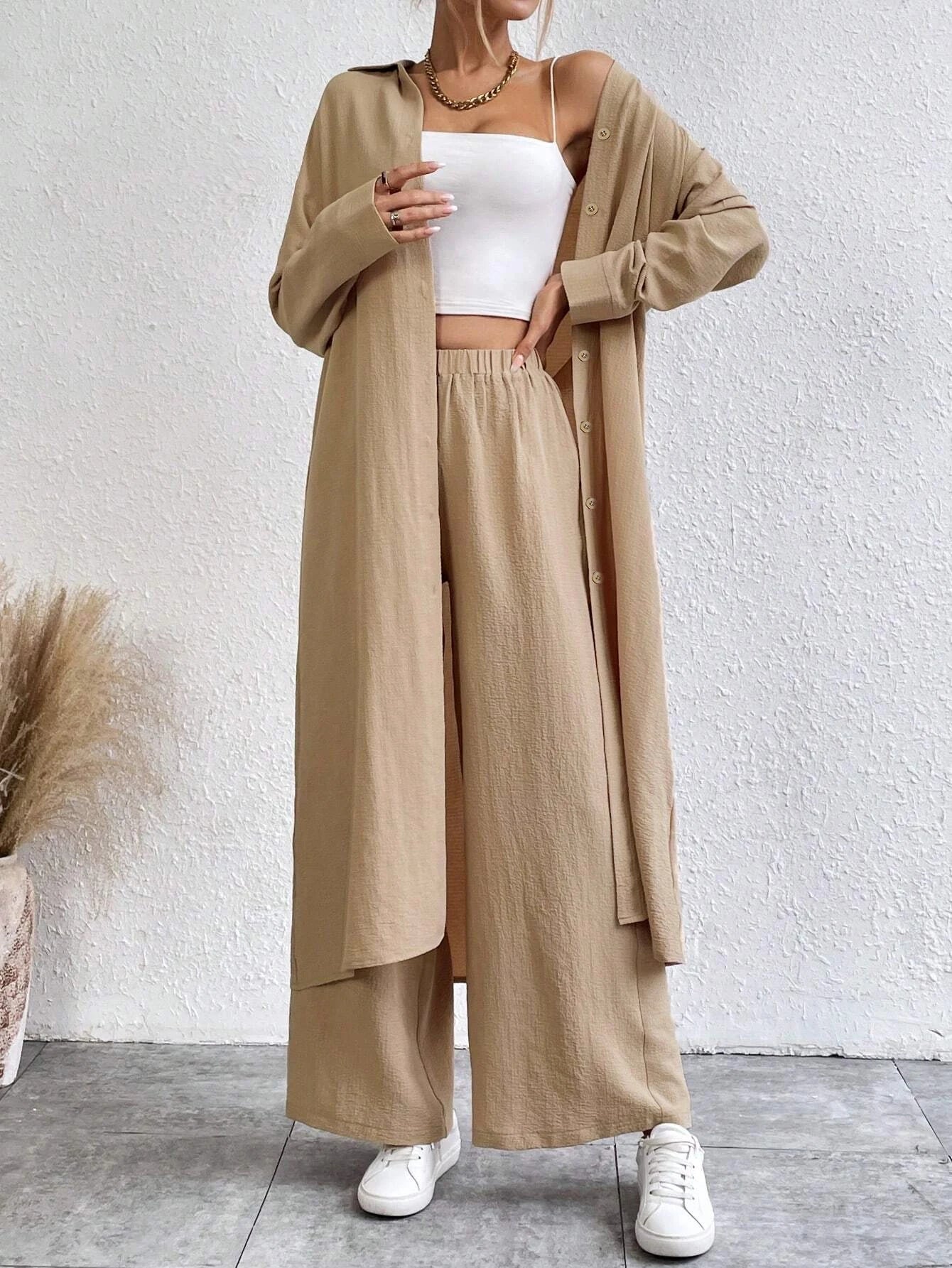 Button Shirt & Wide Leg Pants Set