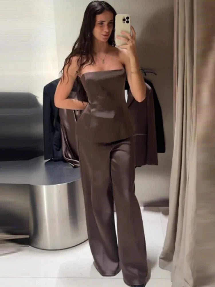 Brown Satin Two-Piece Set
