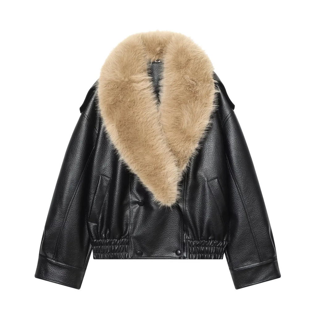 Faux Leather Fur Collar Jacket