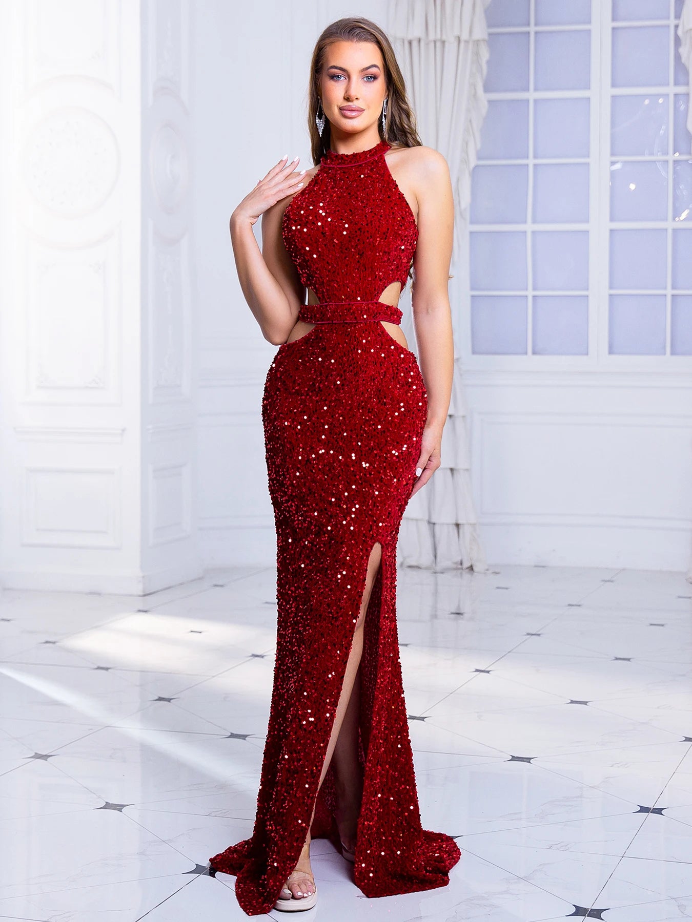 O-Neck Sequin Evening Gown