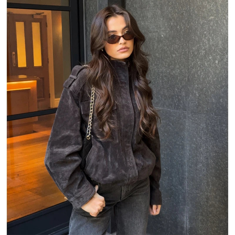 Faux Suede Bomber Jacket