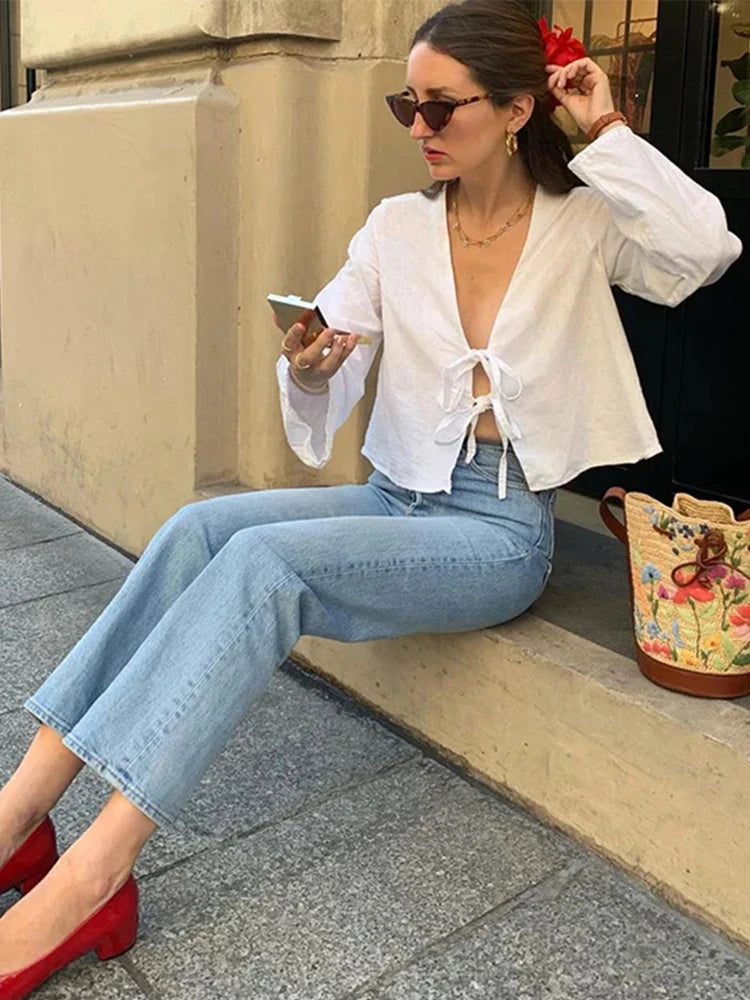 Lace-Up V-Neck Blouse
