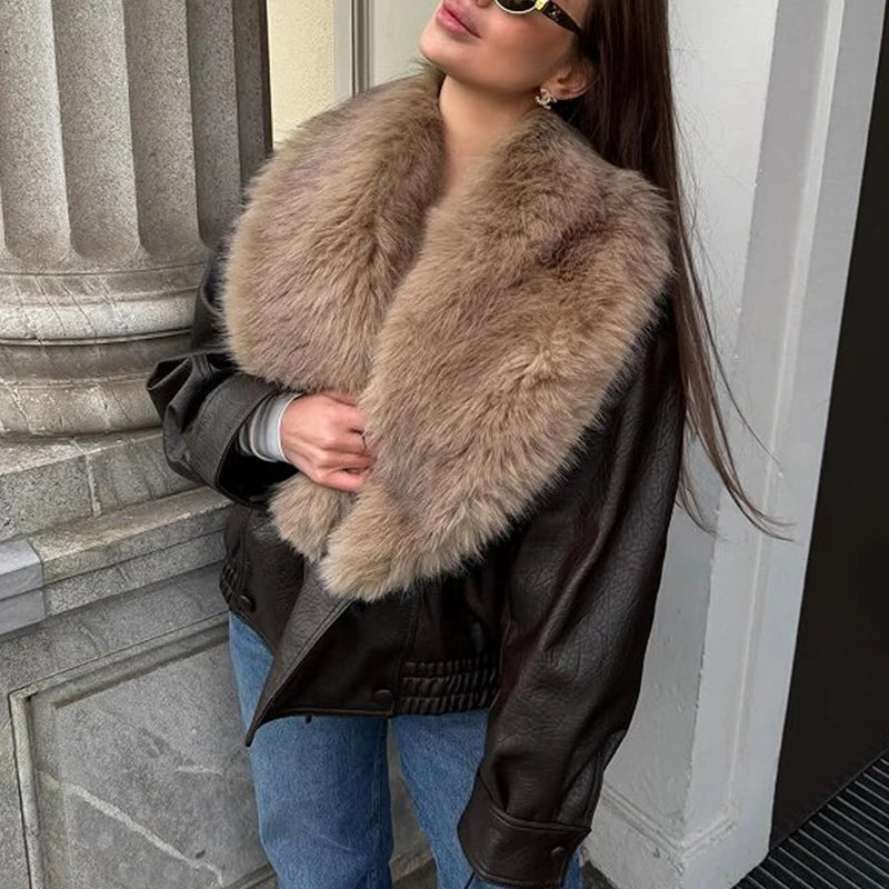 Faux Leather Fur Collar Jacket