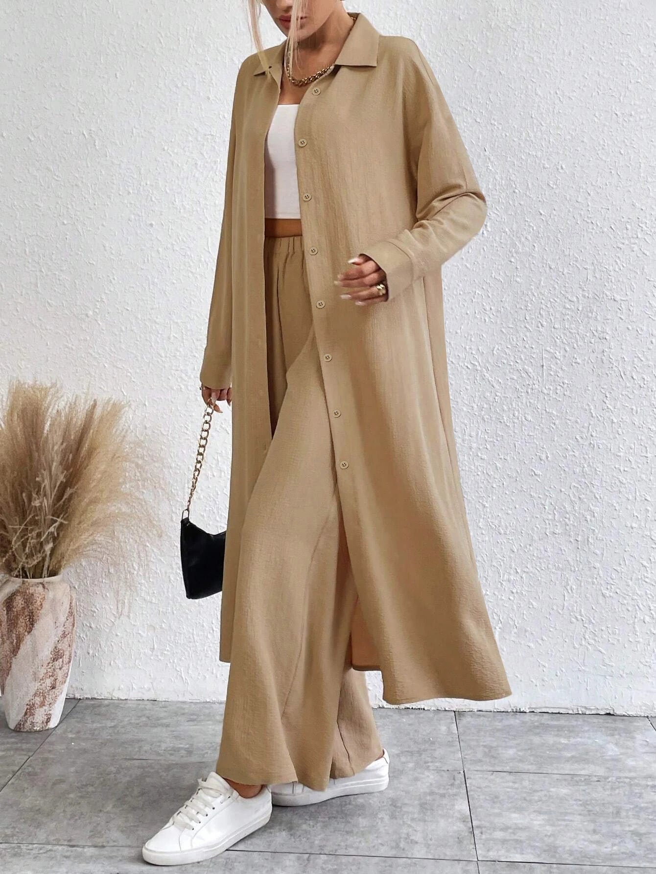 Button Shirt & Wide Leg Pants Set