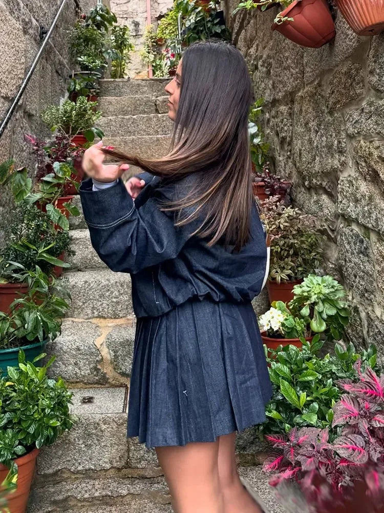 Denim Bomber Skirt Set