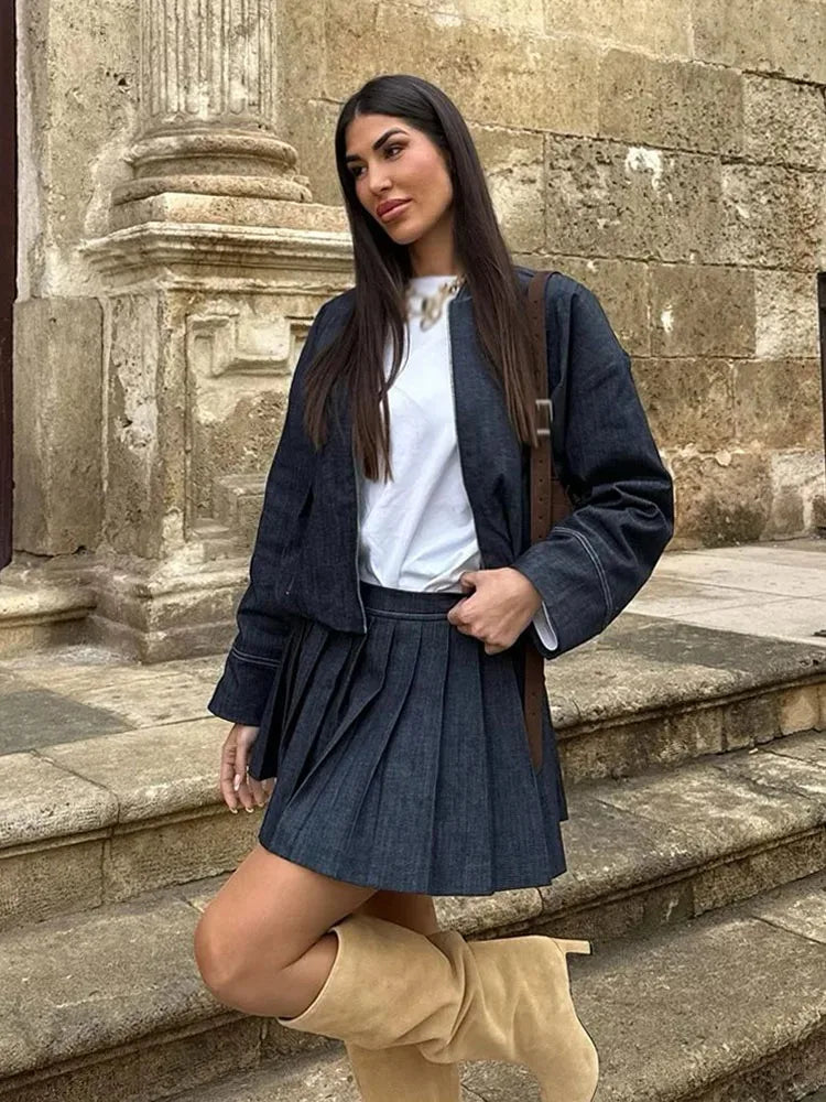 Denim Bomber Skirt Set