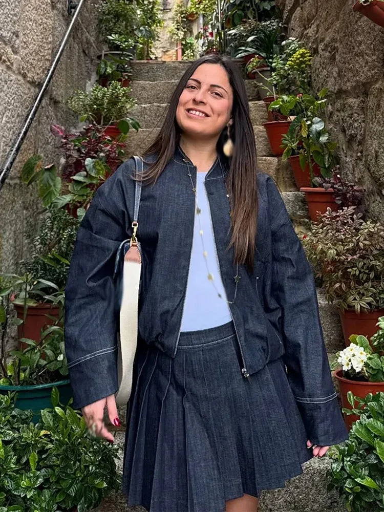 Denim Bomber Skirt Set