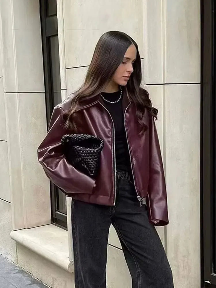 Wine Red Faux Leather Jacket