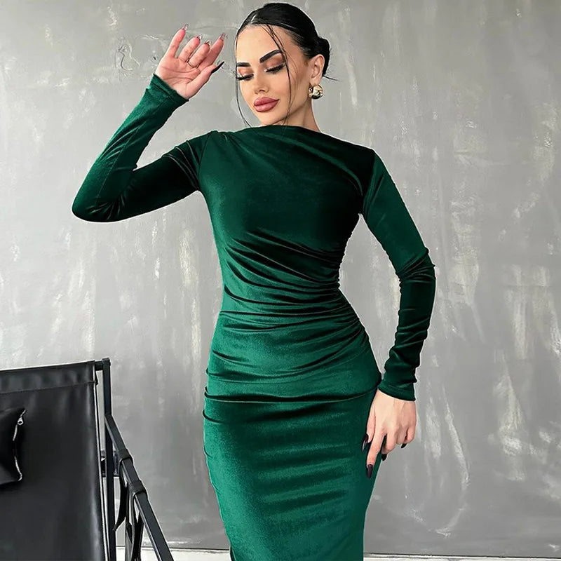 Velvet Ruched Midi Dress