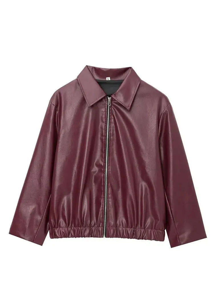 Wine Red Faux Leather Jacket