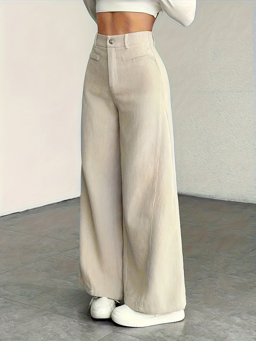Beige Corduroy Wide-Leg Pants