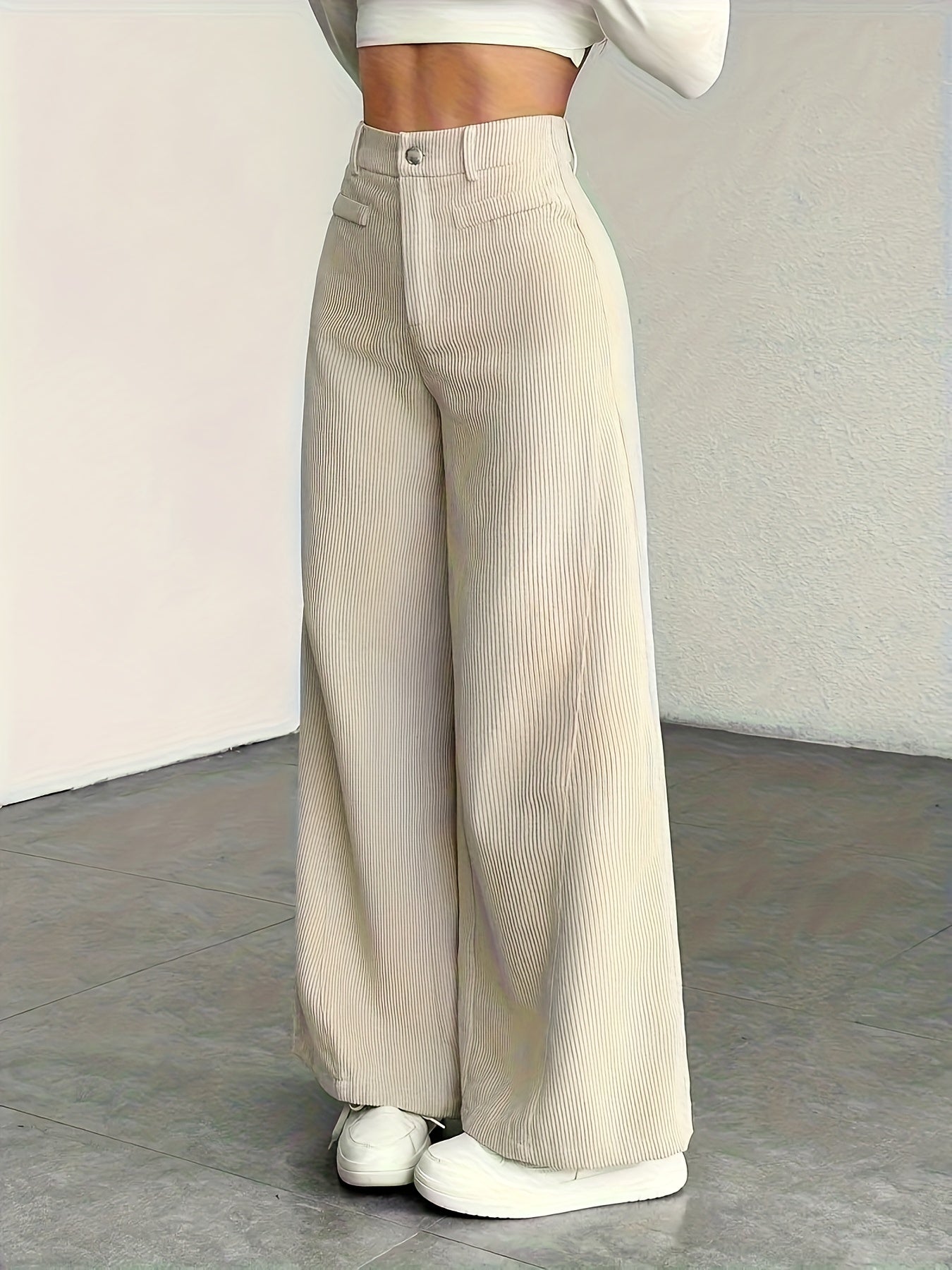 Beige Corduroy Wide-Leg Pants