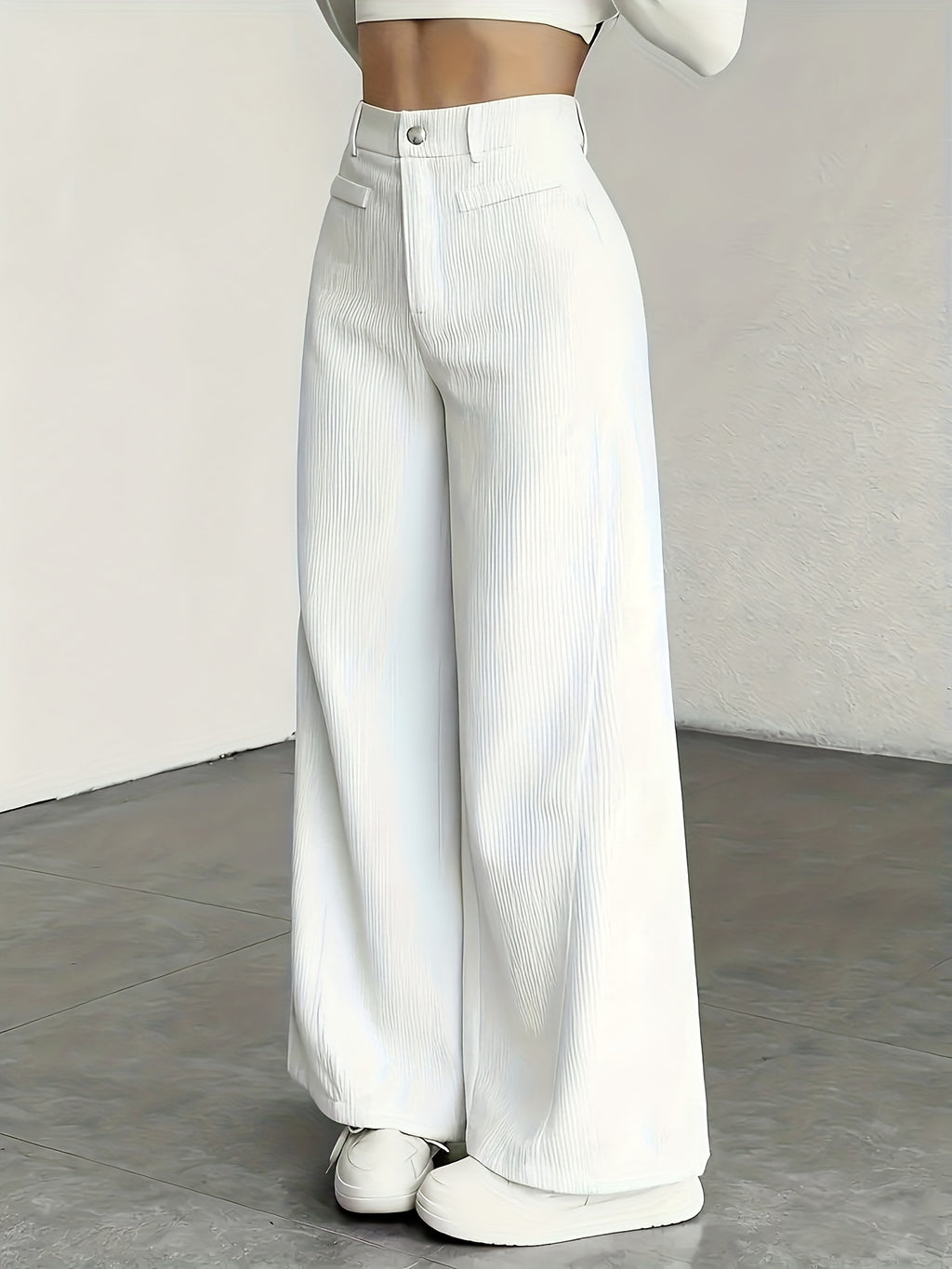 Beige Corduroy Wide-Leg Pants