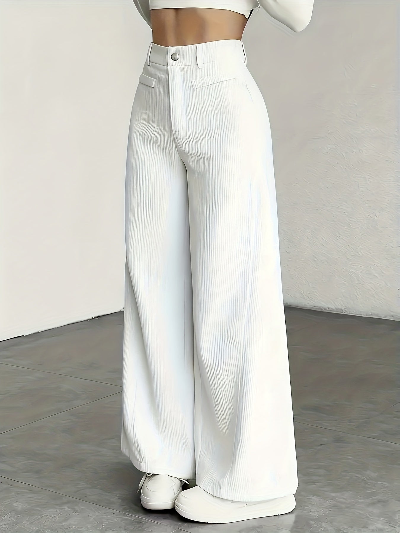Beige Corduroy Wide-Leg Pants