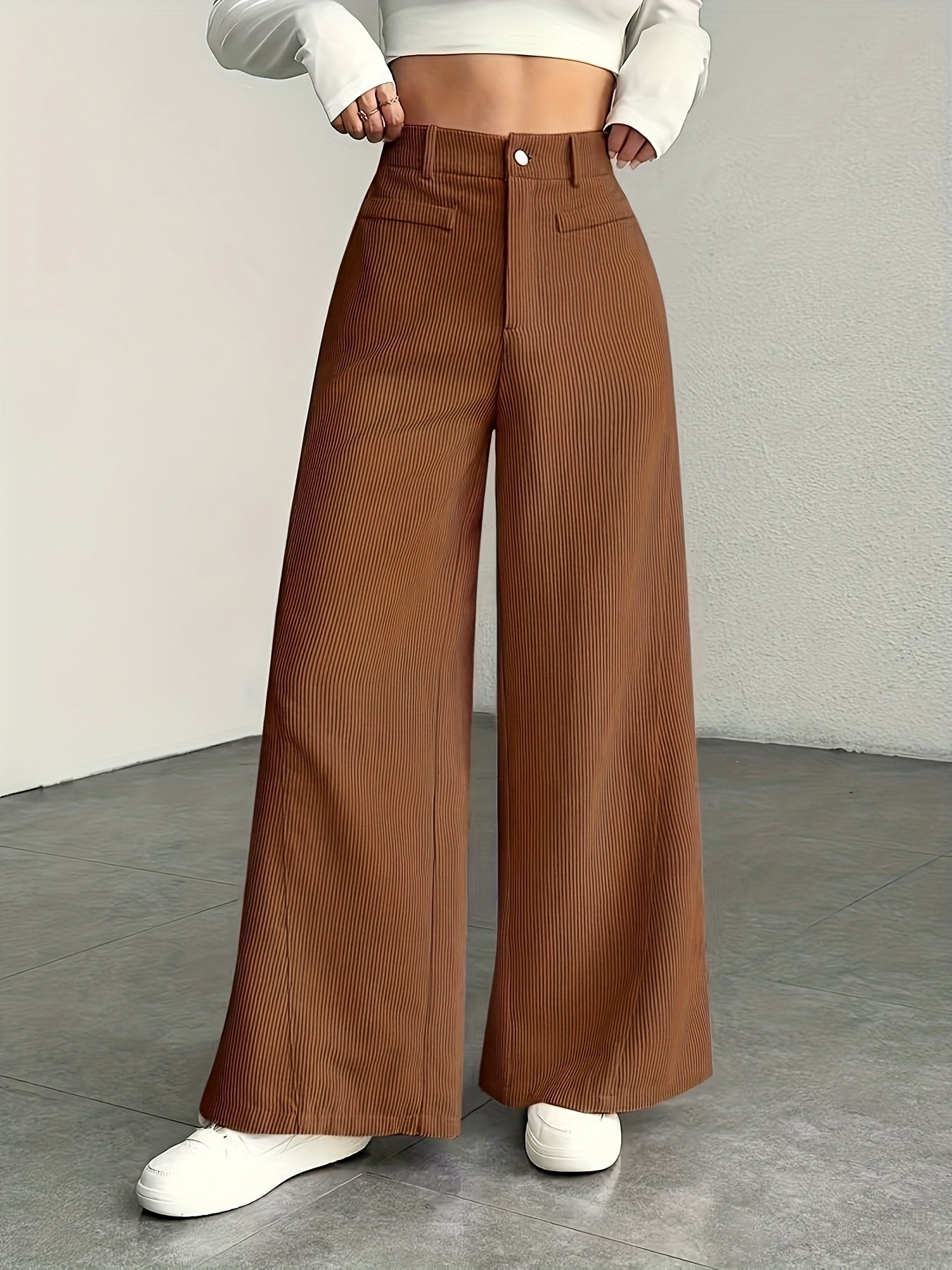 Beige Corduroy Wide-Leg Pants