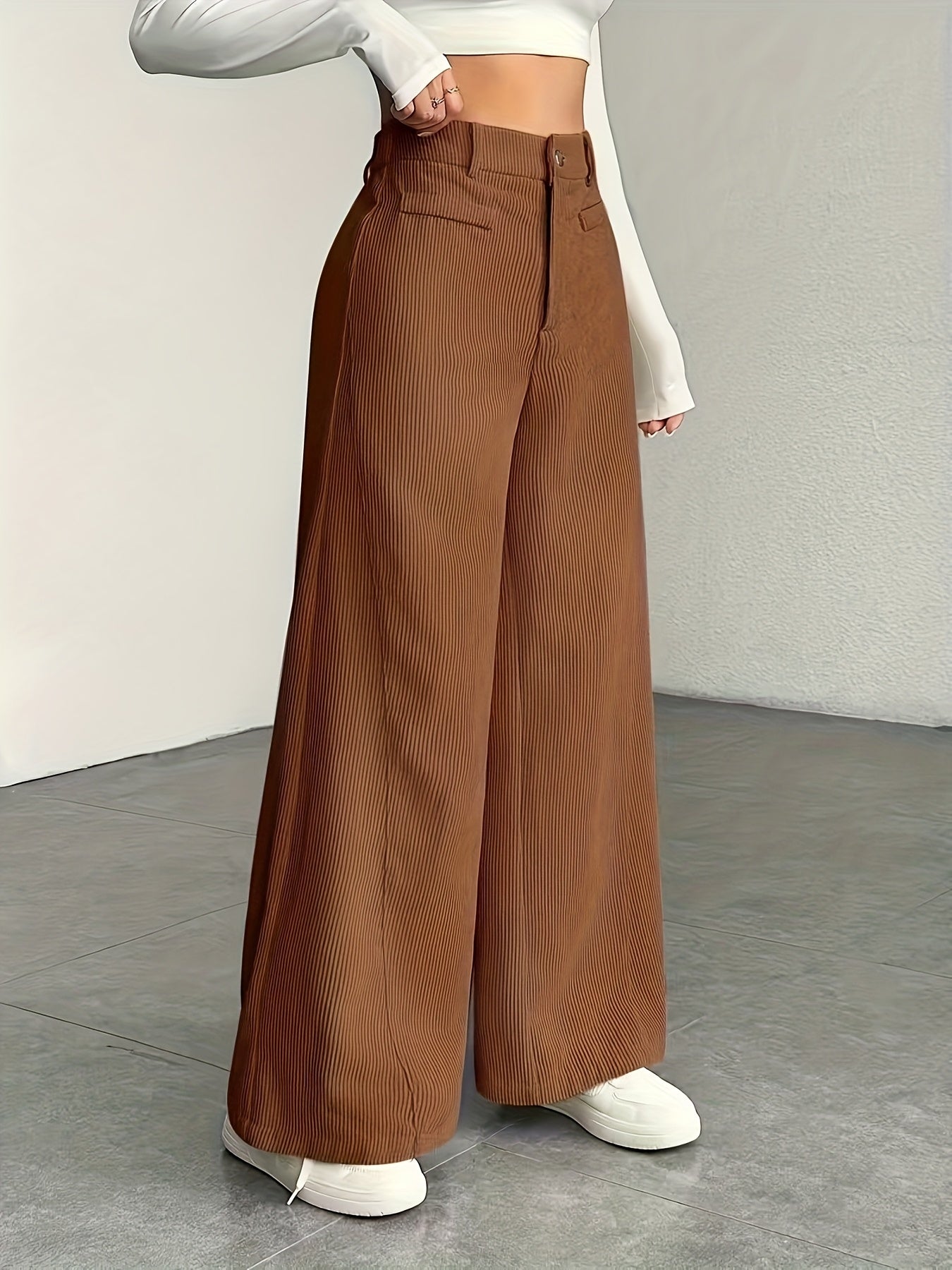 Beige Corduroy Wide-Leg Pants