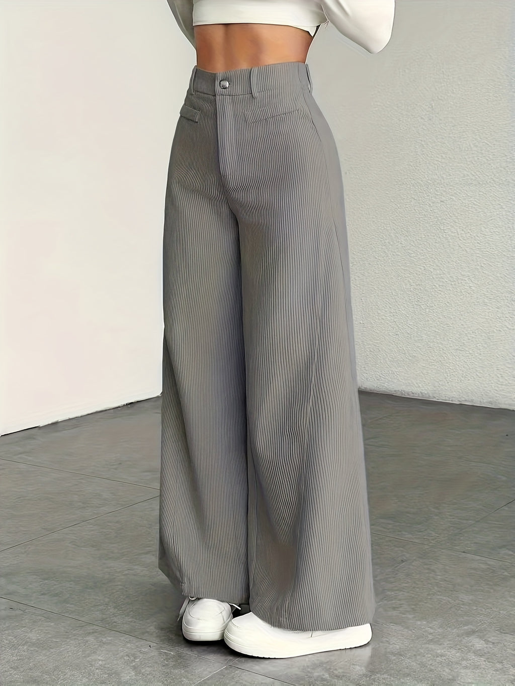 Beige Corduroy Wide-Leg Pants