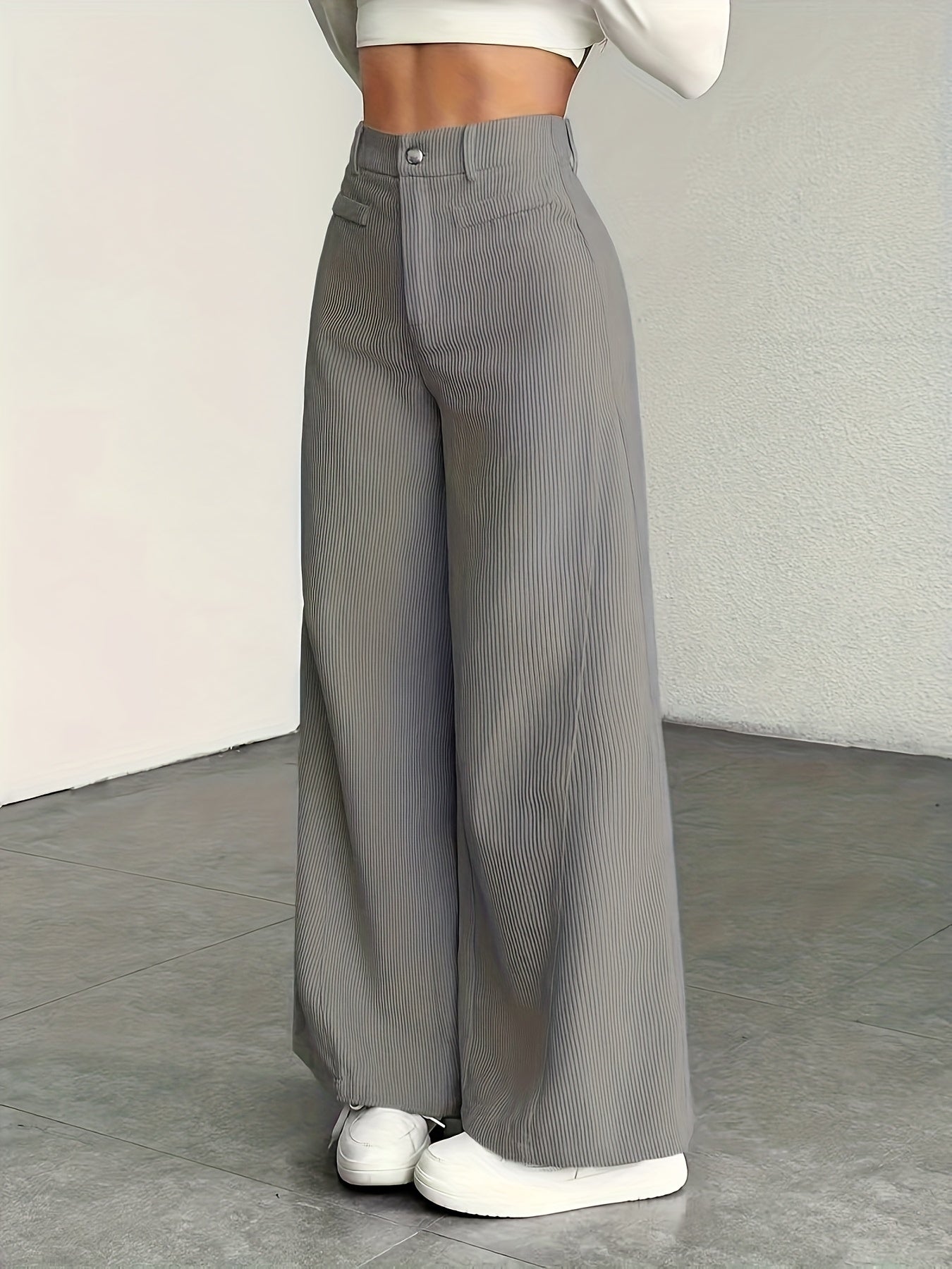 Beige Corduroy Wide-Leg Pants